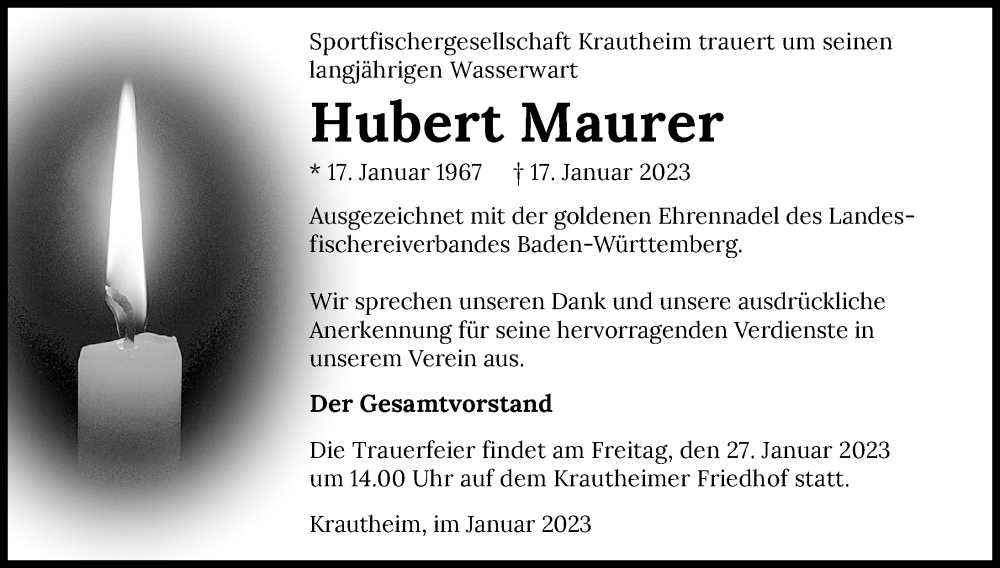  Traueranzeige für Hubert Maurer vom 25.01.2023 aus GESAMT