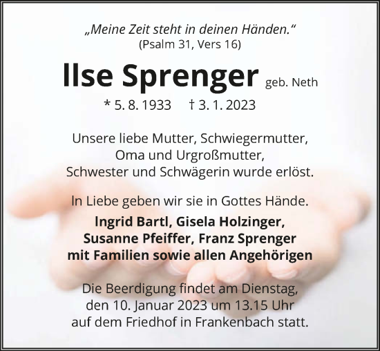 Traueranzeige von Ilse Sprenger von GESAMT