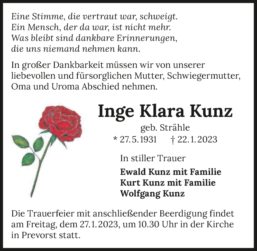  Traueranzeige für Inge Klara Kunz vom 25.01.2023 aus GESAMT