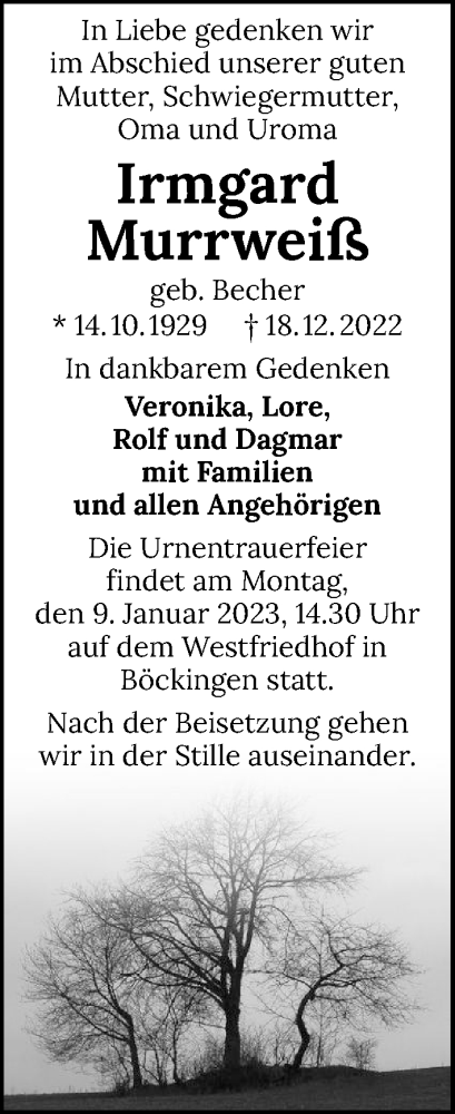  Traueranzeige für Irmgard Murrweiß vom 04.01.2023 aus GESAMT