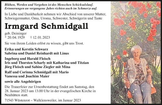 Traueranzeige von Irmgard Schmidgall von GESAMT