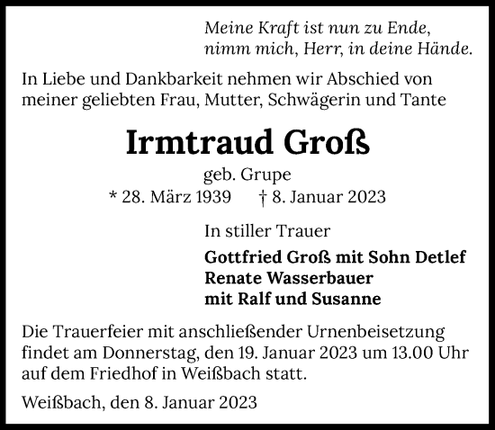 Traueranzeige von Irmtraud Groß von GESAMT