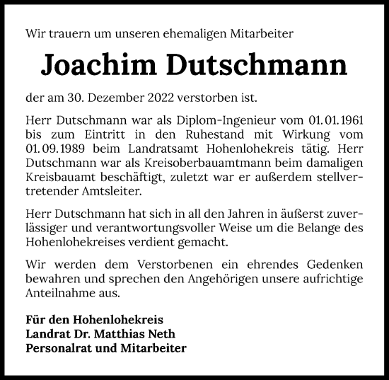 Traueranzeige von Joachim Dutschmann von GESAMT