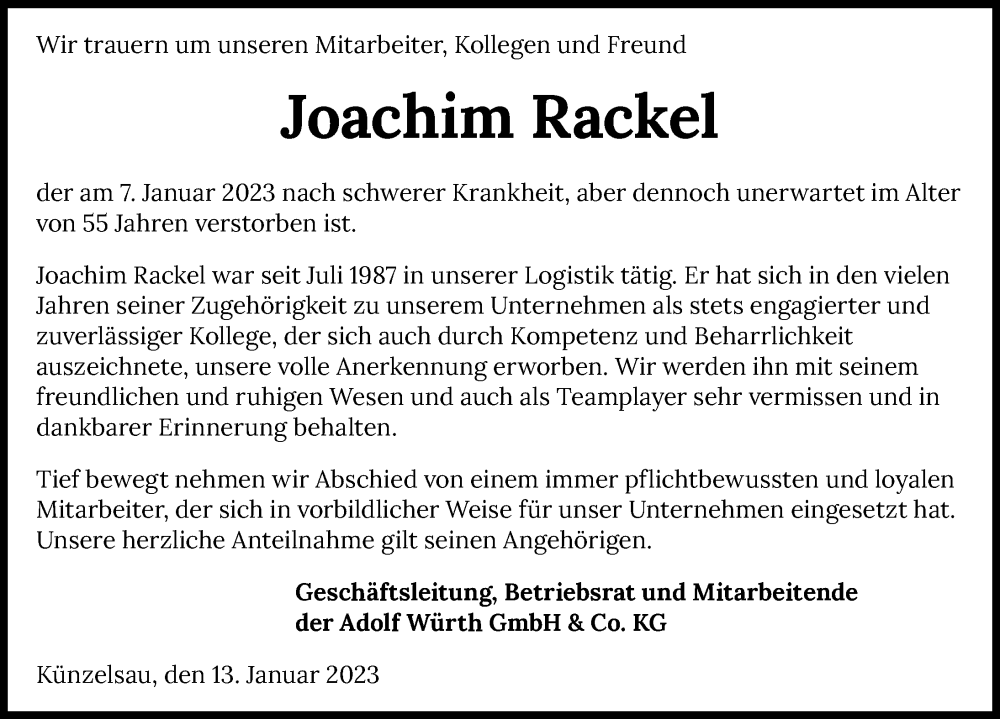  Traueranzeige für Joachim Rackel vom 13.01.2023 aus GESAMT