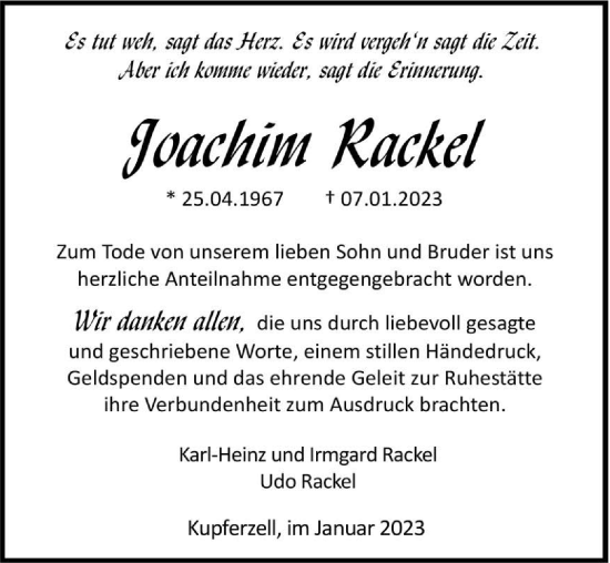 Traueranzeige von Joachim Rackel von GESAMT