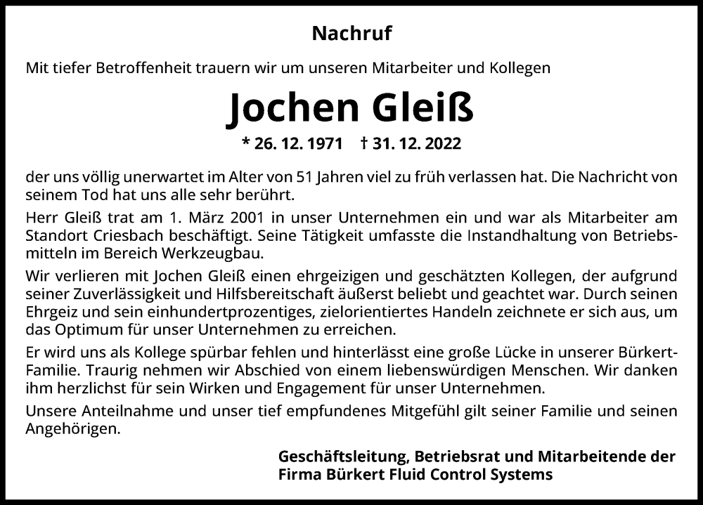  Traueranzeige für Jochen Gleiß vom 10.01.2023 aus GESAMT
