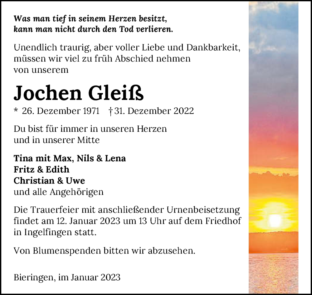  Traueranzeige für Jochen Gleiß vom 07.01.2023 aus GESAMT