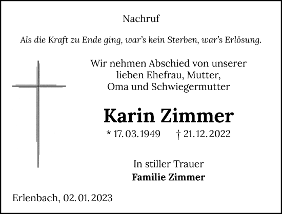 Traueranzeige von Karin Zimmer von GESAMT
