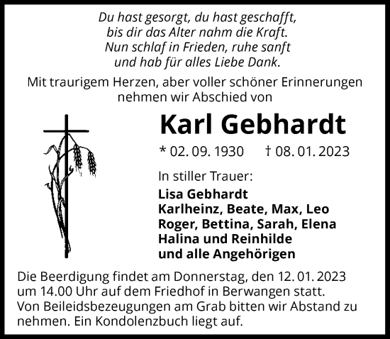 Traueranzeige von Karl Gebhardt von GESAMT