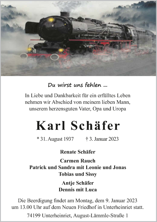 Traueranzeige von Karl Schäfer von GESAMT