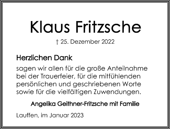 Traueranzeige von Klaus Fritzsche von GESAMT