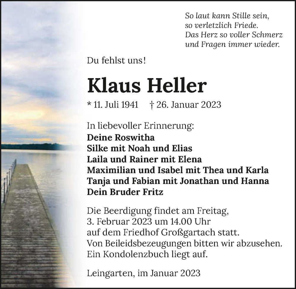  Traueranzeige für Klaus Heller vom 31.01.2023 aus GESAMT