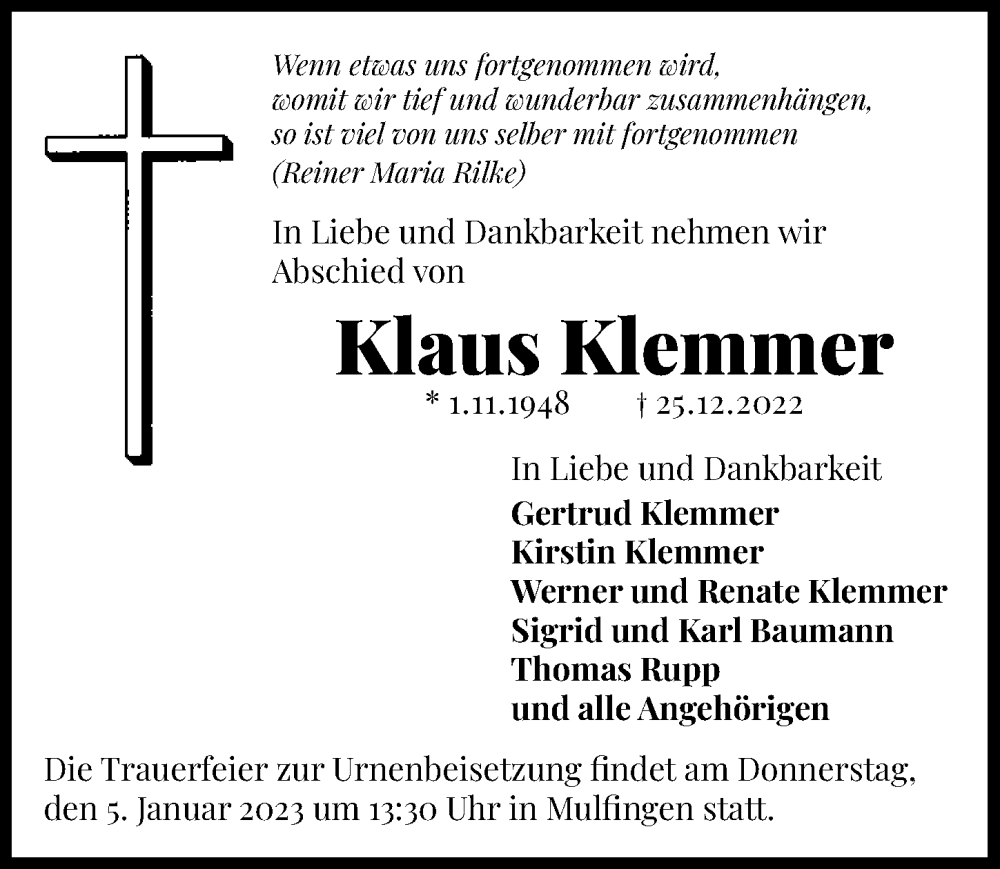  Traueranzeige für Klaus Klemmer vom 02.01.2023 aus GESAMT