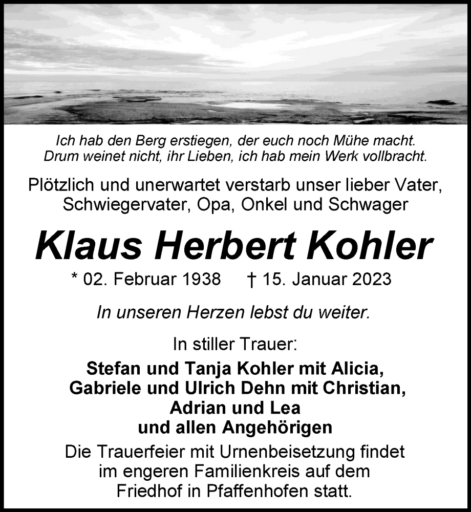  Traueranzeige für Klaus Herbert Kohler vom 28.01.2023 aus GESAMT