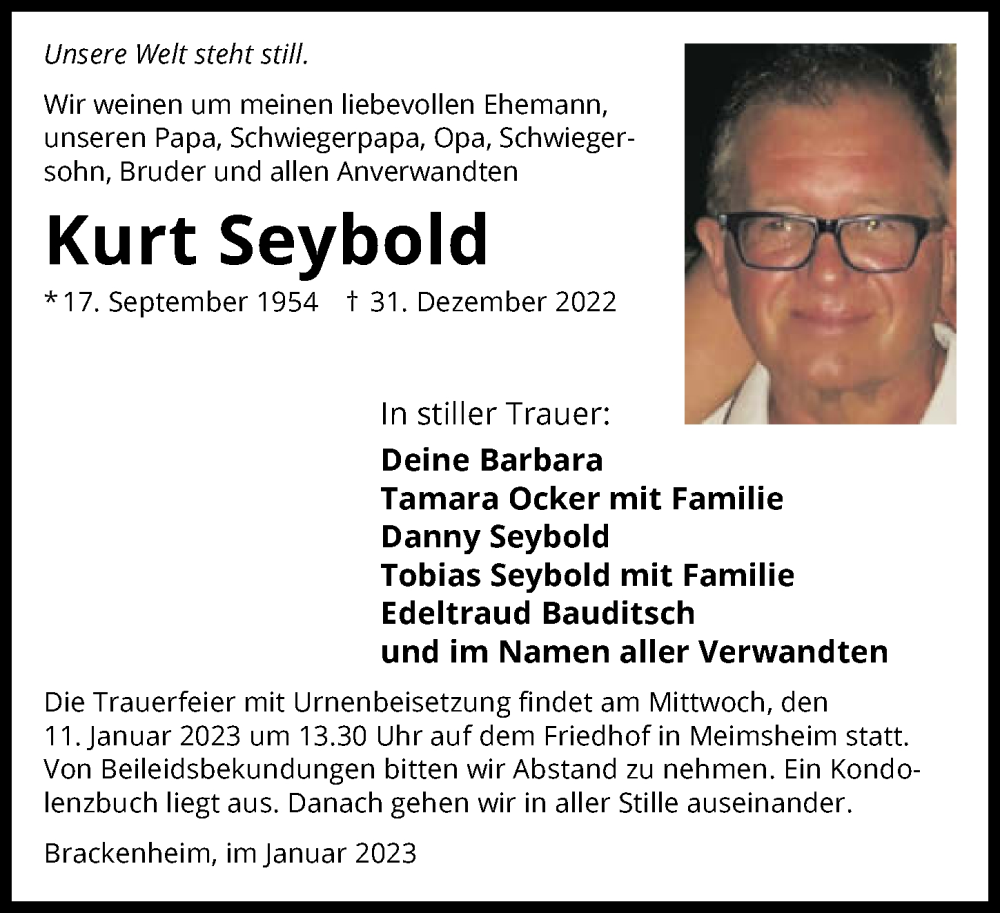  Traueranzeige für Kurt Seybold vom 03.01.2023 aus GESAMT