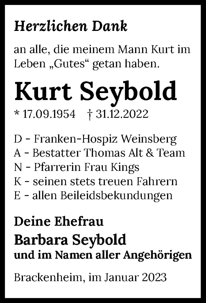  Traueranzeige für Kurt Seybold vom 25.01.2023 aus GESAMT