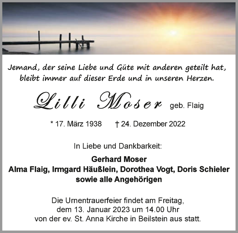  Traueranzeige für Lilli Moser vom 07.01.2023 aus GESAMT