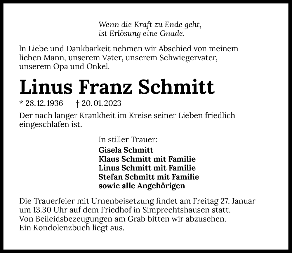  Traueranzeige für Linus Franz Schmitt vom 24.01.2023 aus GESAMT