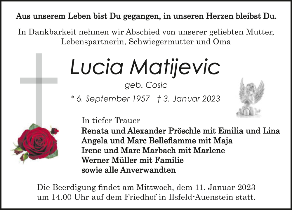  Traueranzeige für Lucia Matijevic vom 07.01.2023 aus GESAMT