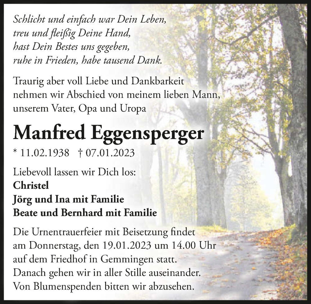  Traueranzeige für Manfred Eggensperger vom 14.01.2023 aus GESAMT