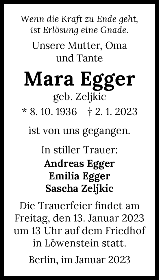 Traueranzeige von Mara Egger von GESAMT