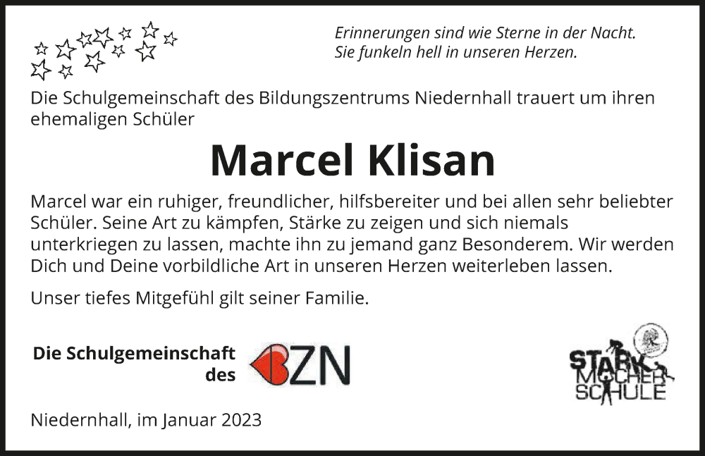  Traueranzeige für Marcel Klisan vom 01.02.2023 aus GESAMT