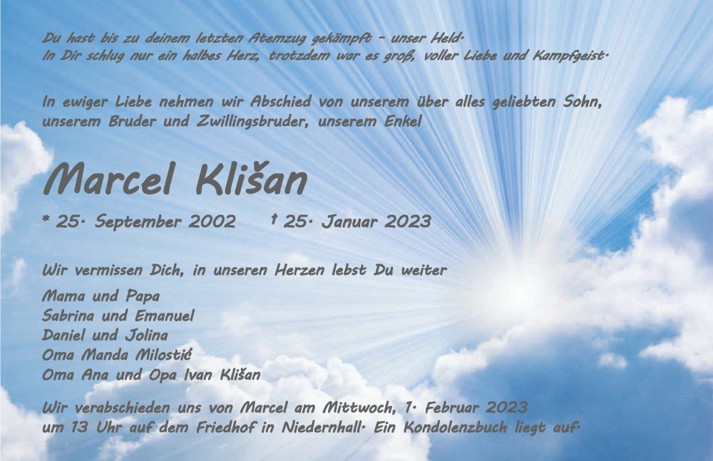  Traueranzeige für Marcel Klisan vom 28.01.2023 aus GESAMT