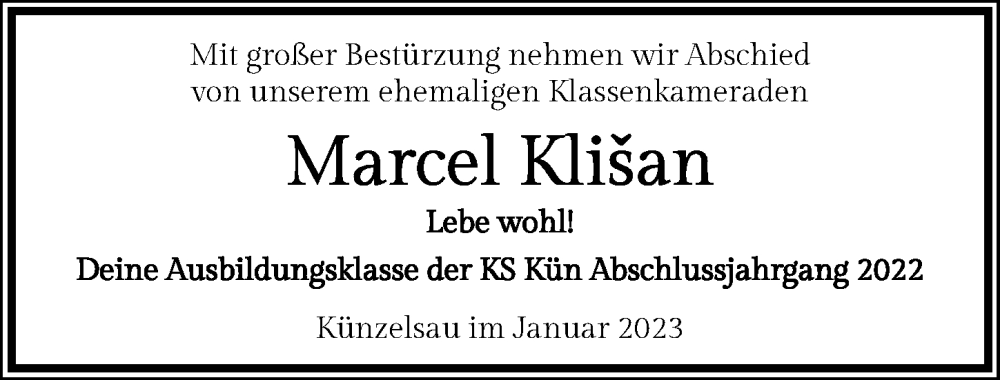  Traueranzeige für Marcel Klisan vom 01.02.2023 aus GESAMT
