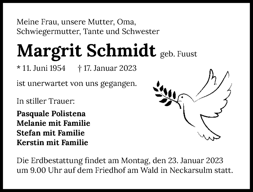  Traueranzeige für Margrit Schmidt vom 21.01.2023 aus GESAMT