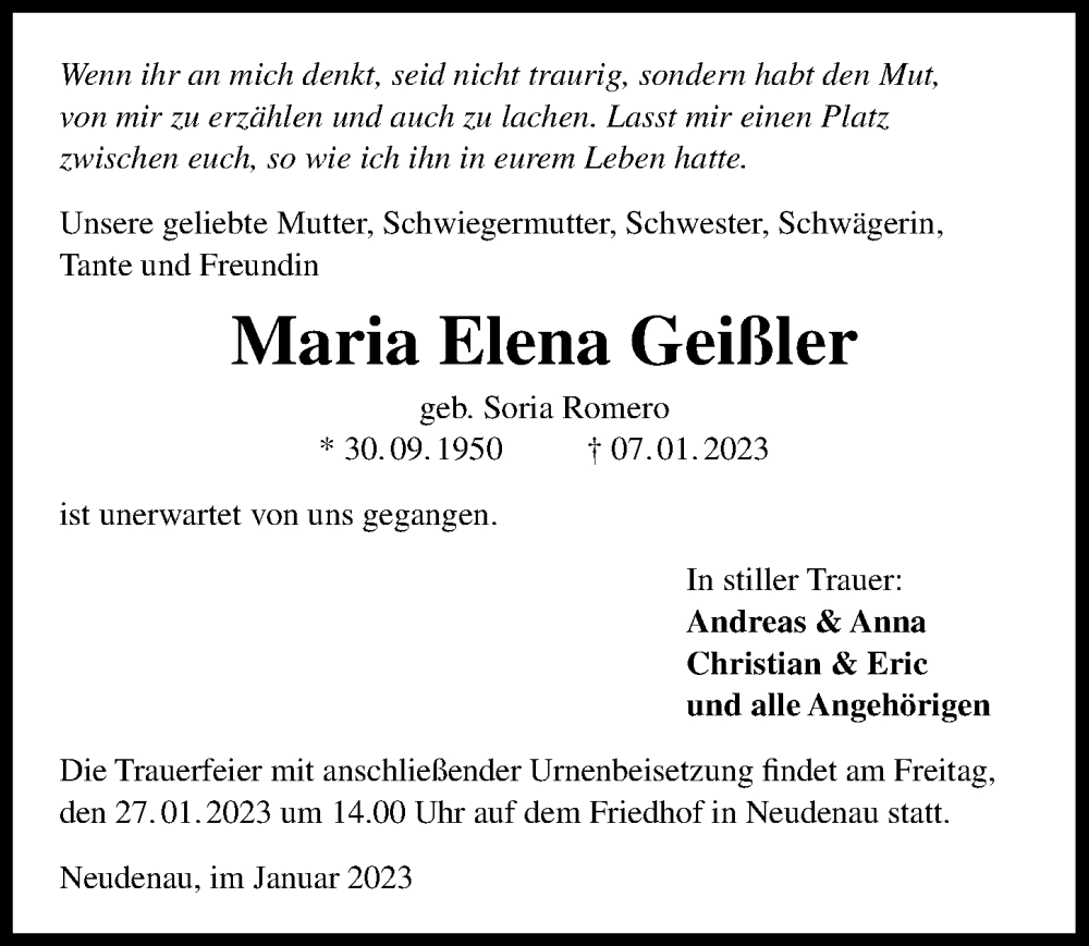  Traueranzeige für Maria Geißler vom 21.01.2023 aus GESAMT