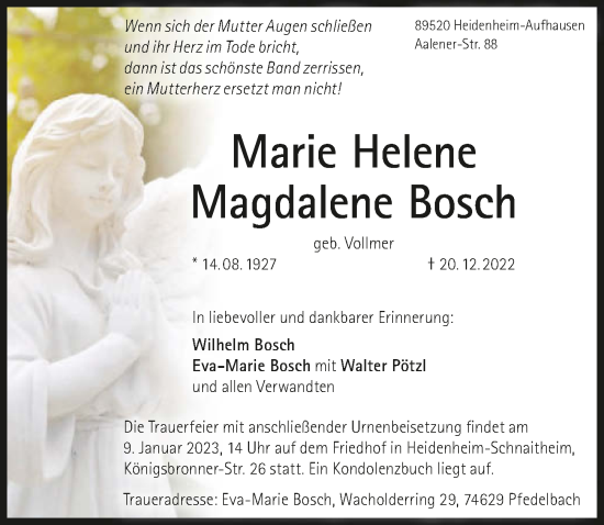 Traueranzeige von Marie Helene Magdalene Bosch von GESAMT