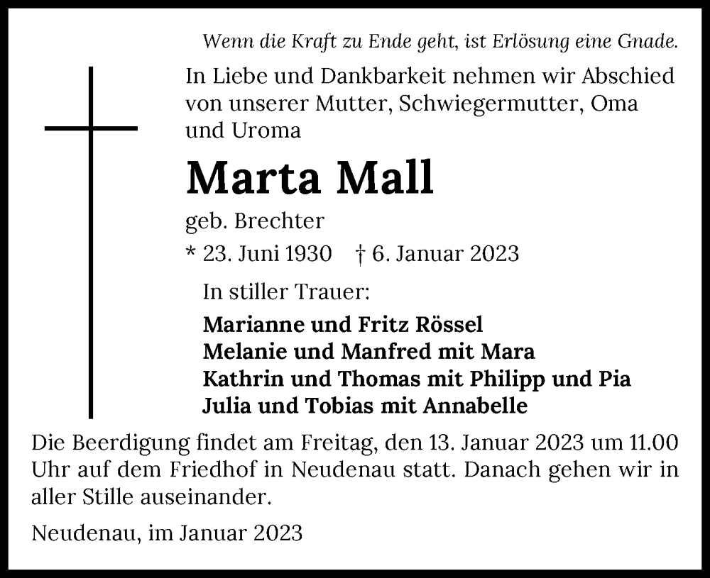  Traueranzeige für Marta Mall vom 10.01.2023 aus GESAMT