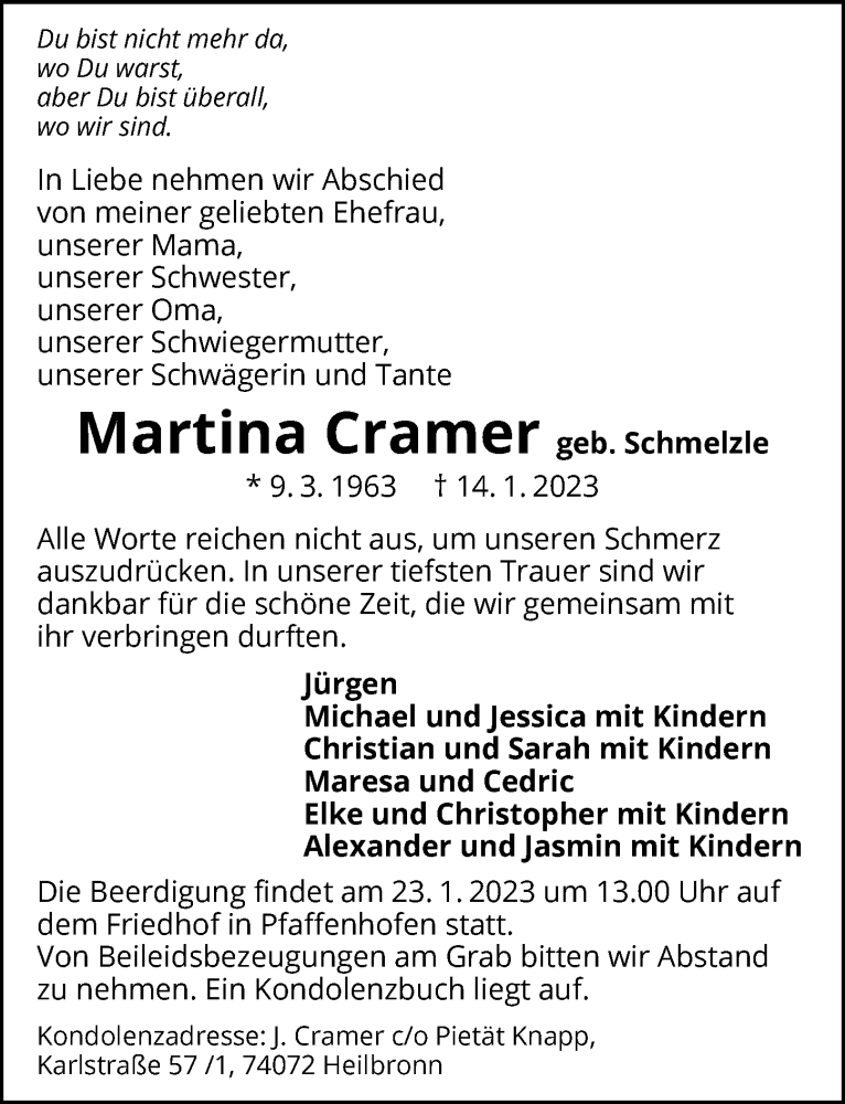  Traueranzeige für Martina Cramer vom 19.01.2023 aus GESAMT