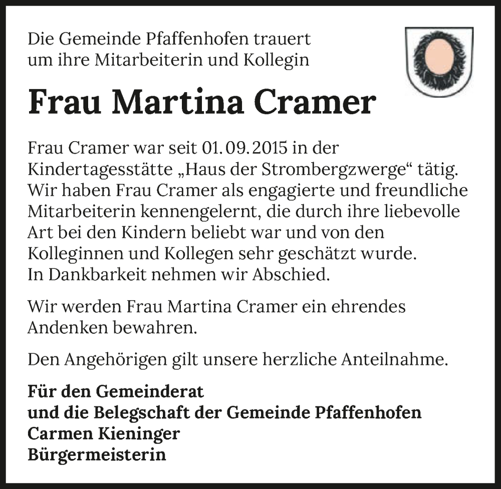  Traueranzeige für Martina Cramer vom 19.01.2023 aus GESAMT
