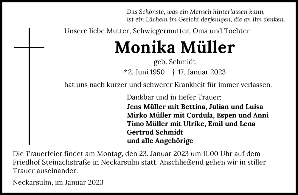 Traueranzeige für Monika Müller vom 21.01.2023 aus GESAMT