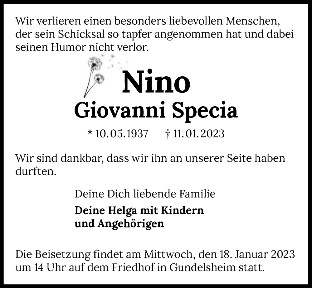  Traueranzeige für Nino Giovanni Specia vom 14.01.2023 aus GESAMT