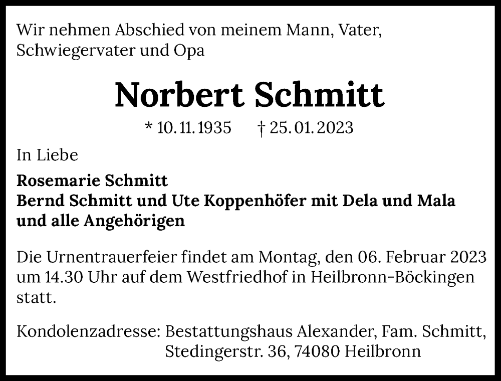  Traueranzeige für Norbert Schmitt vom 28.01.2023 aus GESAMT