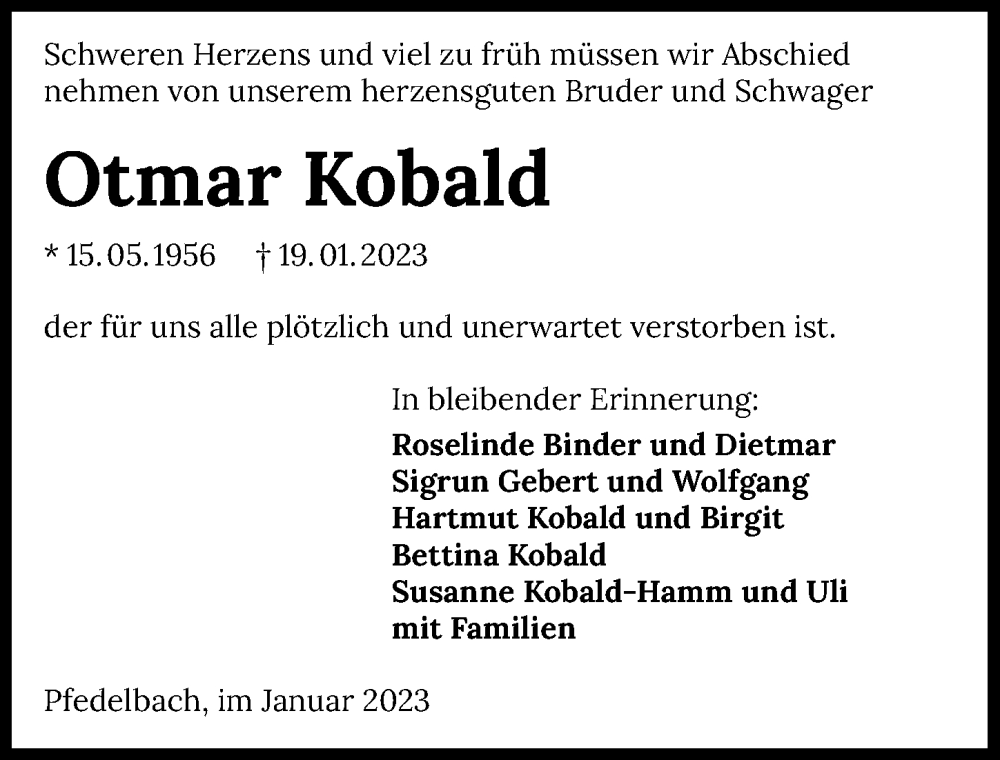  Traueranzeige für Otmar Kobald vom 25.01.2023 aus GESAMT