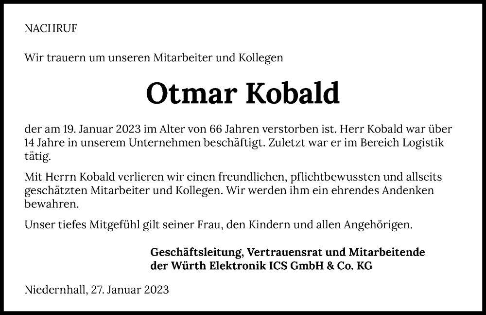  Traueranzeige für Otmar Kobald vom 27.01.2023 aus GESAMT