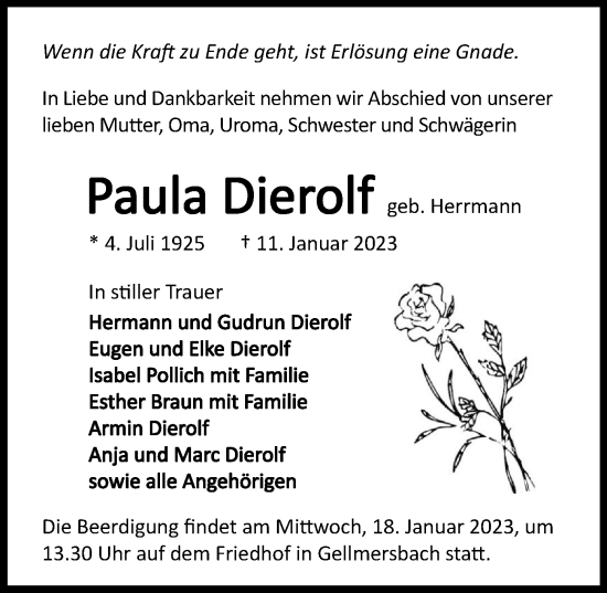 Traueranzeige von Paula Dierolf von GESAMT