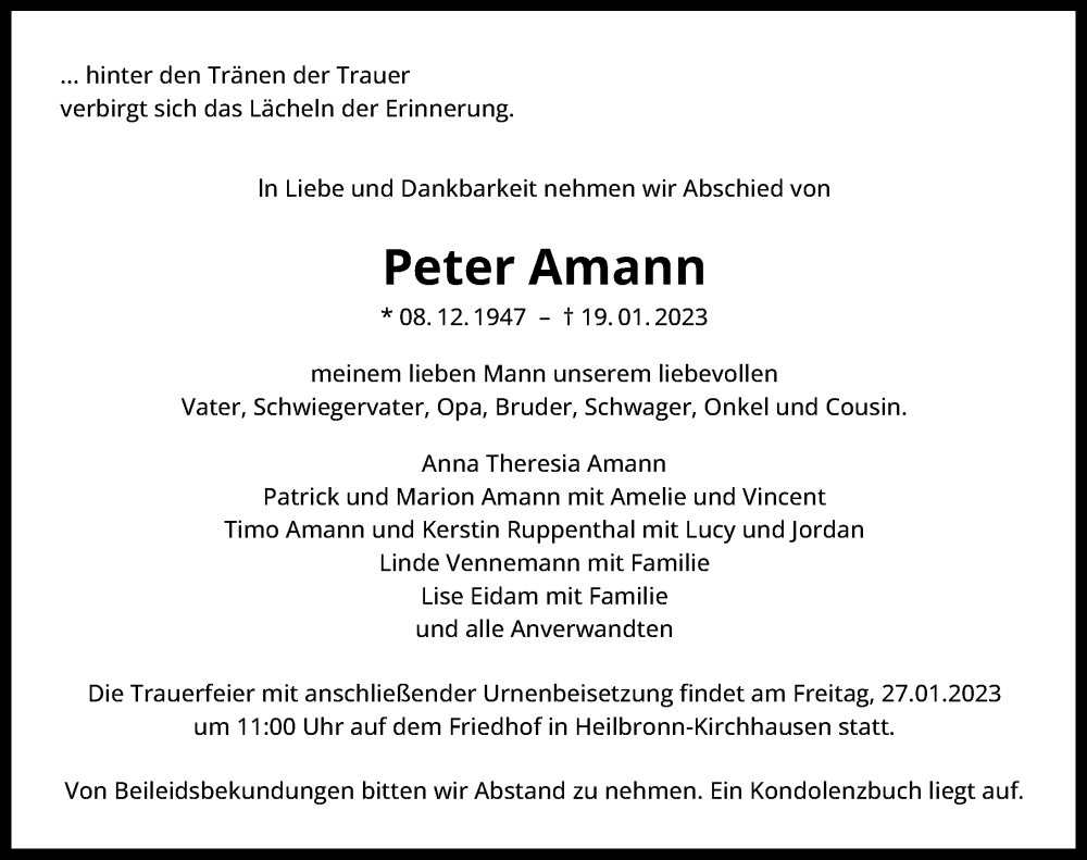  Traueranzeige für Peter Amann vom 24.01.2023 aus GESAMT