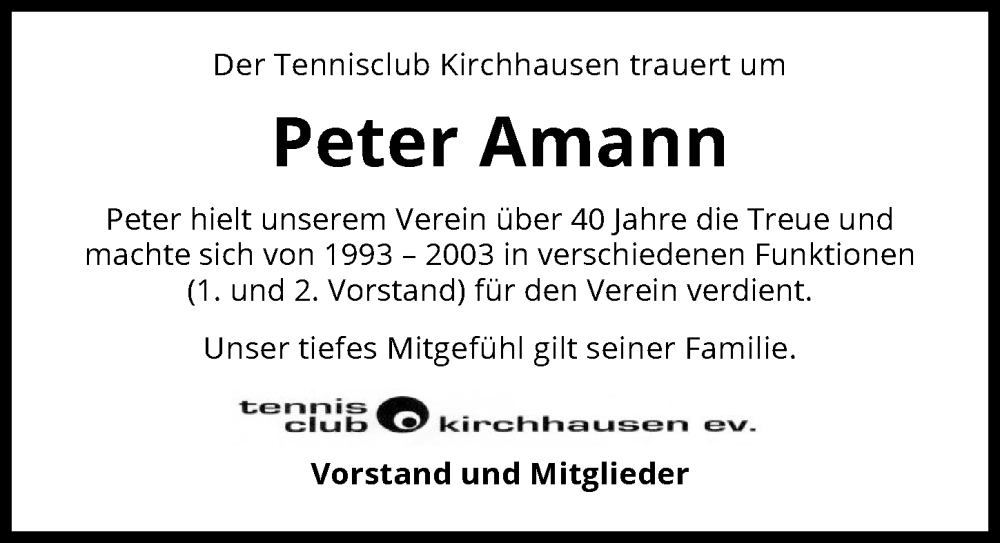  Traueranzeige für Peter Amann vom 26.01.2023 aus GESAMT