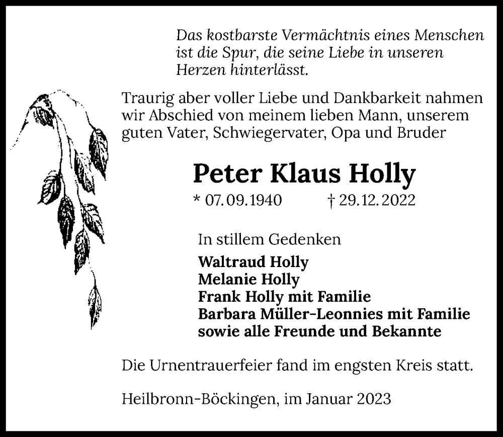  Traueranzeige für Peter Holly vom 21.01.2023 aus GESAMT