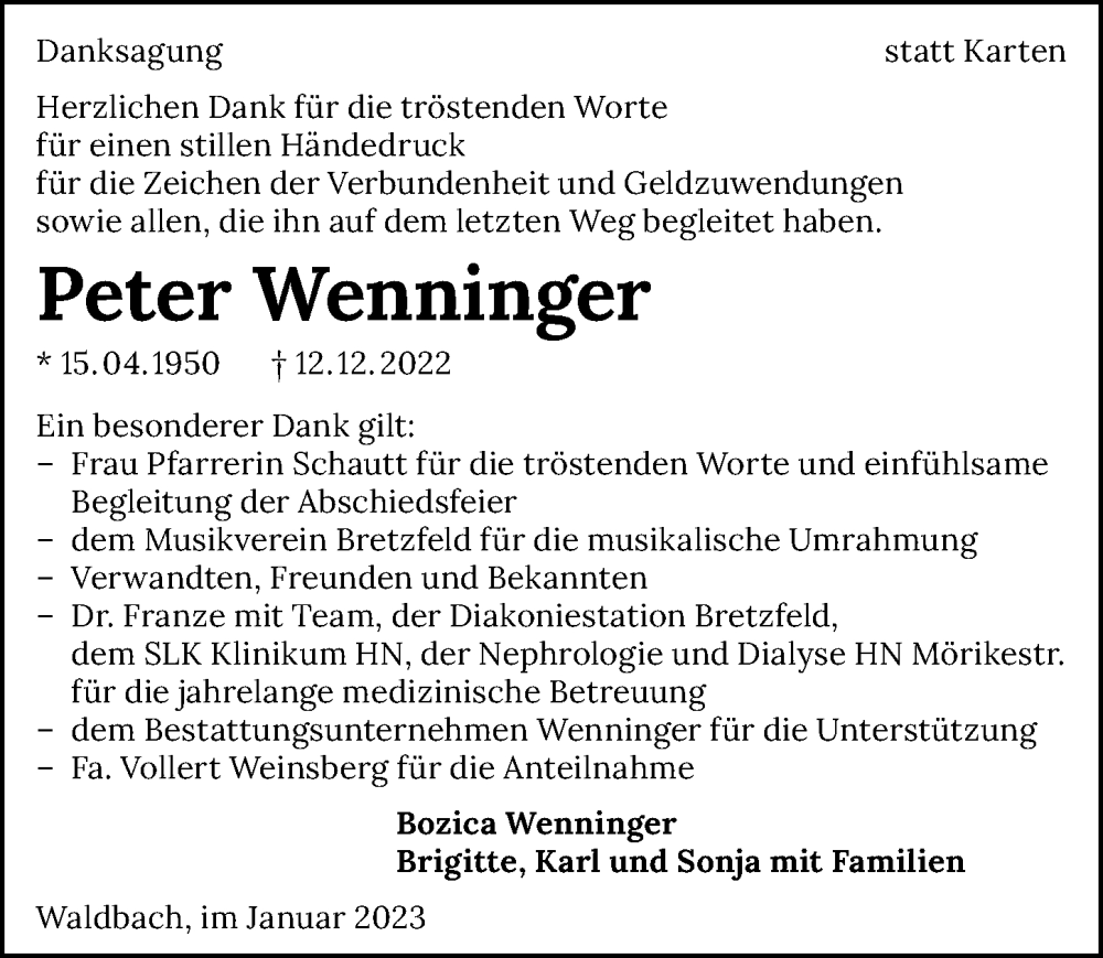  Traueranzeige für Peter Wenninger vom 14.01.2023 aus GESAMT