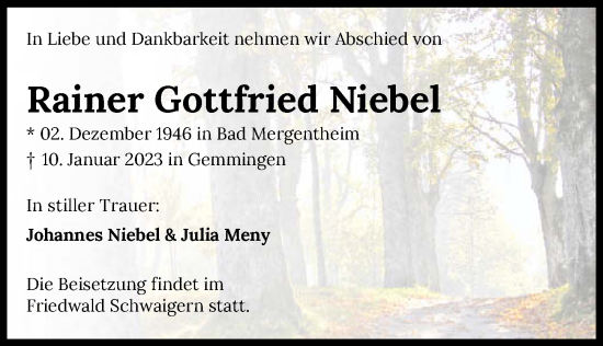 Traueranzeige von RainerGottfried Niebel von GESAMT
