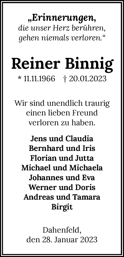 Traueranzeige von Reiner Binnig von GESAMT