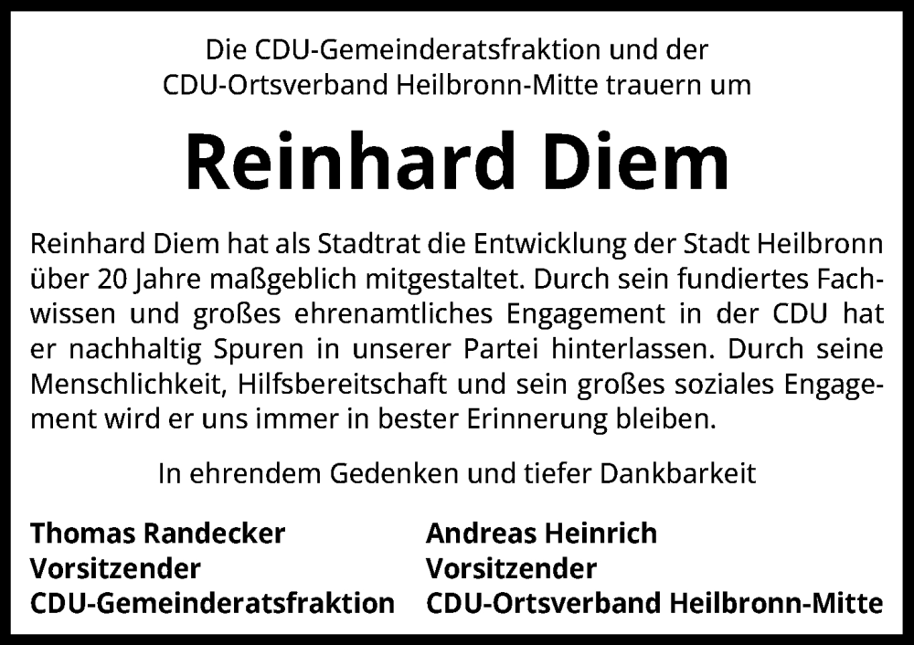  Traueranzeige für Reinhard Diem vom 14.01.2023 aus GESAMT