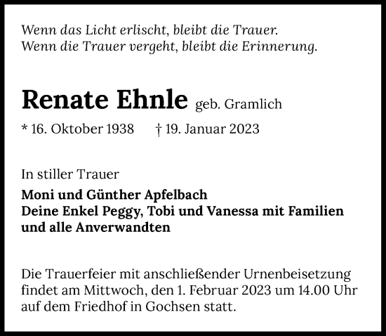 Traueranzeige von Renate Ehnle von GESAMT
