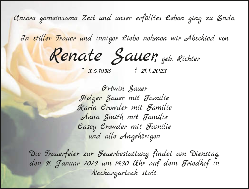  Traueranzeige für Renate Sauer vom 25.01.2023 aus GESAMT