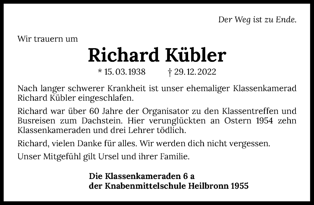  Traueranzeige für Richard Kübler vom 07.01.2023 aus GESAMT